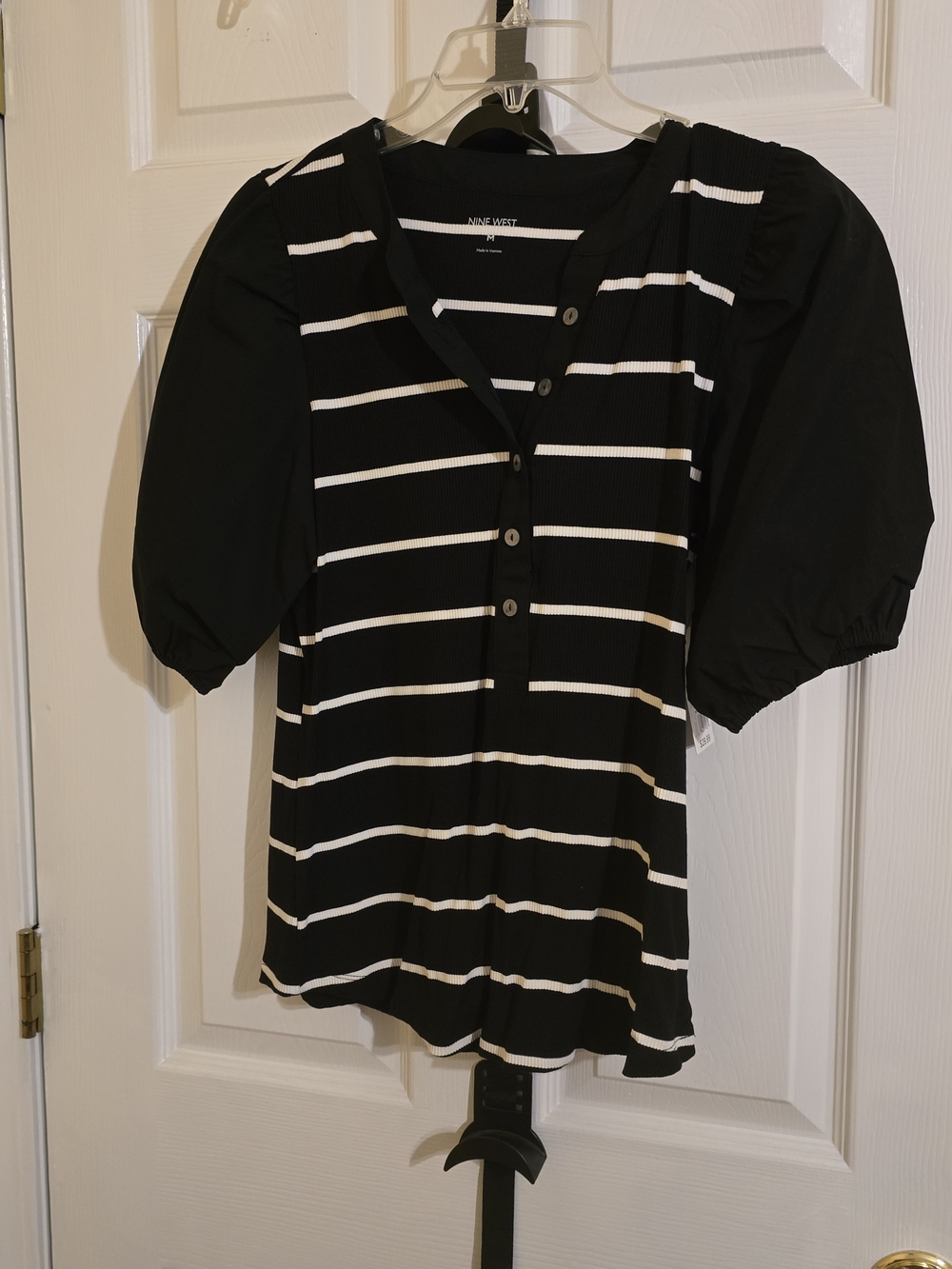 Nine West Black & White Striped Puff-Sleeve Henley Blouse